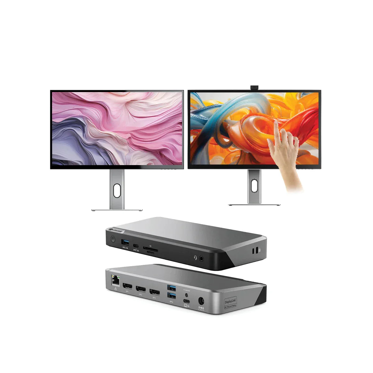 CLARITY 27" UHD 4K Monitor + Clarity Pro Touch 27" UHD 4K Monitor with 65W PD, Webcam and Touchscreen (Pack of 2) + DX3 Triple 4K Display Universal Docking Station _ with 100W Power Delivery