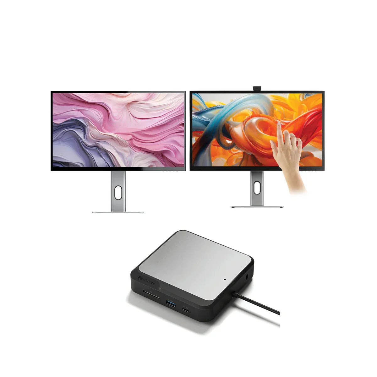 CLARITY 27" UHD 4K Monitor + Clarity Pro Touch 27" UHD 4K Monitor with 65W PD, Webcam and Touchscreen + Dual 4K Universal Docking Station _ DisplayPort Edition.