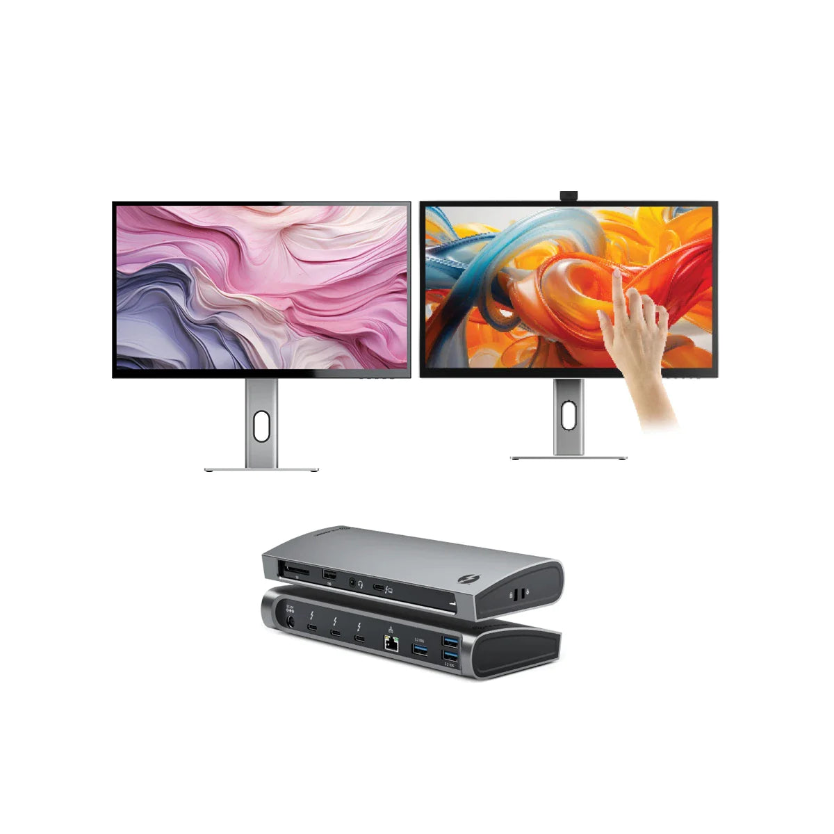CLARITY 27” UHD 4K Monitor + Clarity Pro Touch 27" UHD 4K Monitor with 65W PD, Webcam and Touchscreen + Thunderbolt 4 BLAZE Docking Station